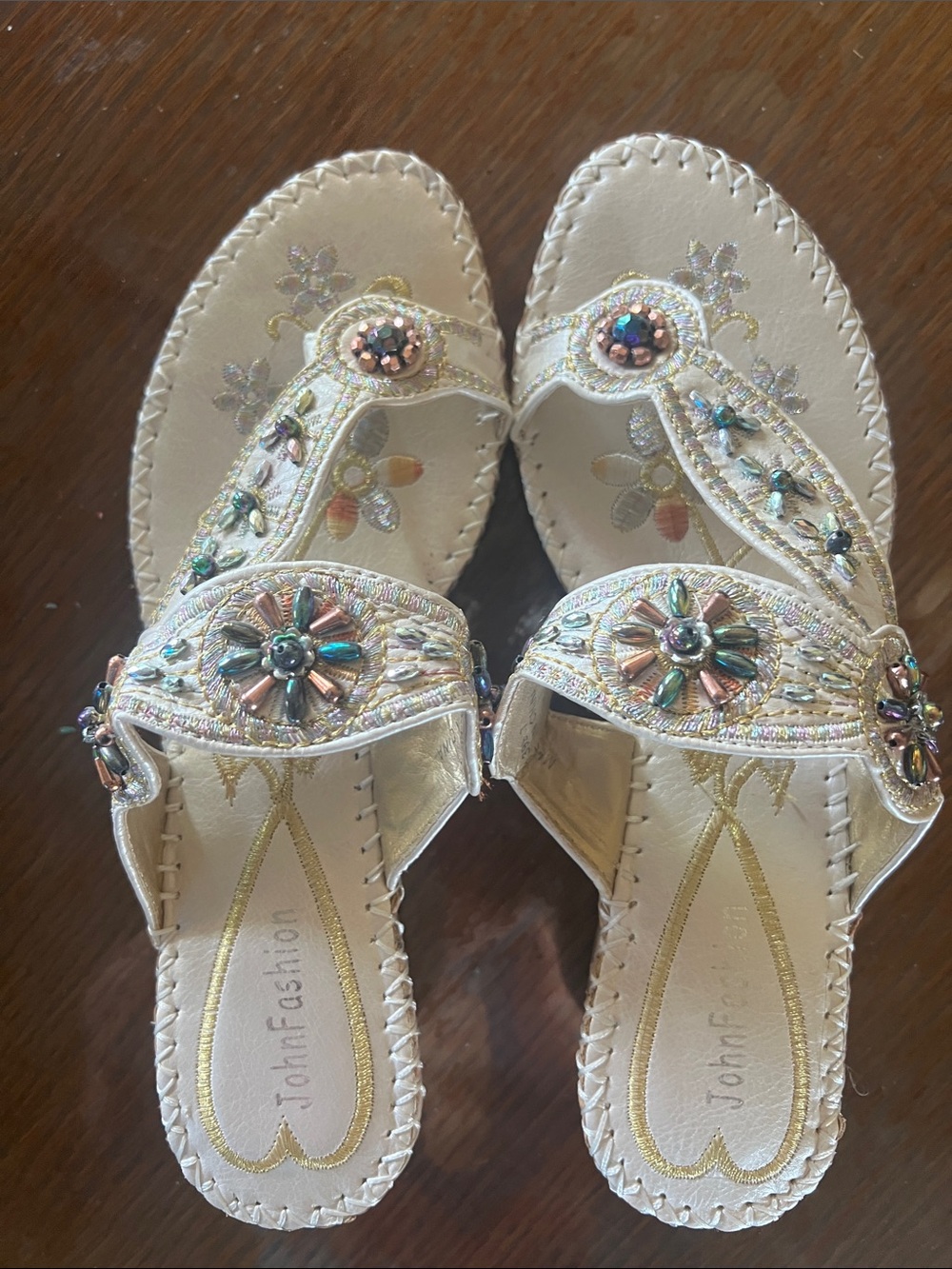 Embellished Cream Beaded Floral Slide Sandals